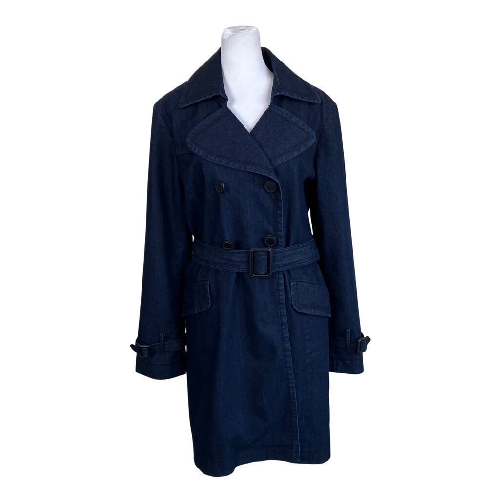 Focus 2000 Sz 10 Vtg Y2K Denim Double Breasted Trench Coat Belted Tailored Twee